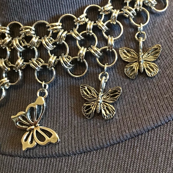 "Gothic Flutter" Handmade Goth Silver Butterflies Chainmail Choker Necklace Punk - Picture 4 of 16